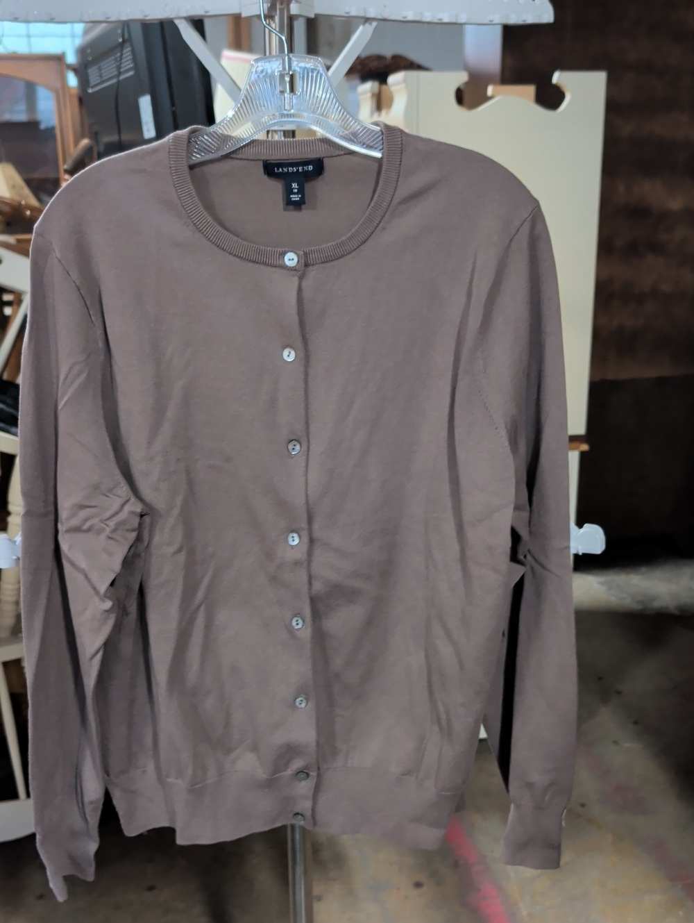 Lands' End Women's Button-Front Crewneck Cardigan - Brown